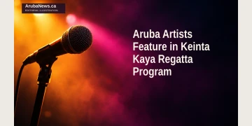 Aruba Artists Feature in Keinta Kaya Regatta Program Editorial illustration of a microphone against amber and magenta stage lighting.