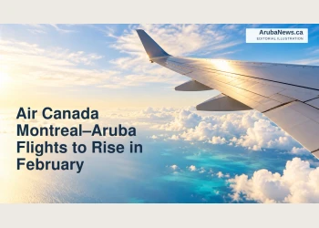 Editorial illustration of an anonymous aircraft wing above sunlit clouds and blue sea.