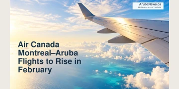 Editorial illustration of an anonymous aircraft wing above sunlit clouds and blue sea.