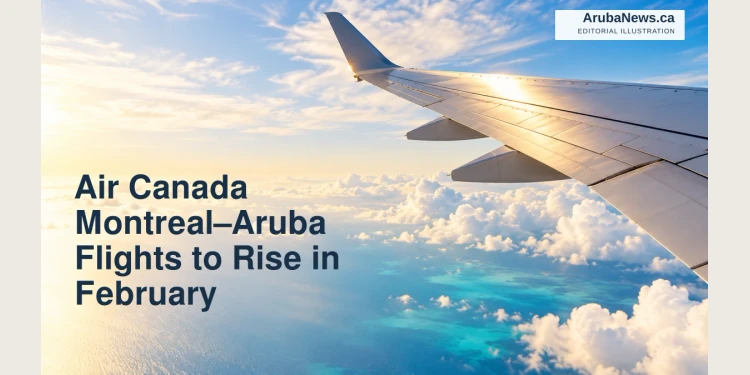 Editorial illustration of an anonymous aircraft wing above sunlit clouds and blue sea.