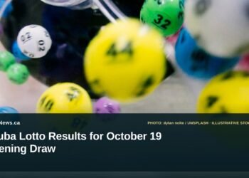 Illustrative stock photo for “Aruba Lotto Results for October 19 Evening Draw”: Lottery balls in a mixing machine. Photo by dylan nolte via Unsplash; not a photograph of the specific event. Headline and ArubaNews.ca branding appear in a lower-third news tile.