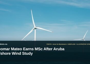 Illustrative stock photo for “Eleomar Mateo Earns MSc After Aruba Offshore Wind Study”: Offshore wind turbines in the North Sea. Photo by Jesse De Meulenaere via Unsplash; not a photograph of the specific event. Headline and ArubaNews.ca branding appear in a lower-third news tile.