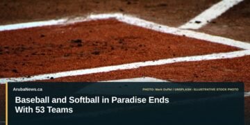 Illustrative stock photo for “Baseball and Softball in Paradise Ends With 53 Teams”: Baseball field with a white foul line. Photo by Mark Duffel via Unsplash; not a photograph of the specific event. Headline and ArubaNews.ca branding appear in a lower-third news tile.