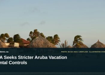 Illustrative stock photo for “PPA Seeks Stricter Aruba Vacation Rental Controls”: Arashi Beach at sunset in Aruba. Photo by Bernin Uben via Unsplash; not a photograph of the specific event. Headline and ArubaNews.ca branding appear in a lower-third news tile.
