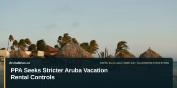 Illustrative stock photo for “PPA Seeks Stricter Aruba Vacation Rental Controls”: Arashi Beach at sunset in Aruba. Photo by Bernin Uben via Unsplash; not a photograph of the specific event. Headline and ArubaNews.ca branding appear in a lower-third news tile.