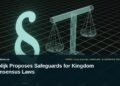 Illustrative stock photo for “Vrolijk Proposes Safeguards for Kingdom Consensus Laws”: Balance scale against a dark background. Photo by Conny Schneider via Unsplash; not a photograph of the specific event. Headline and ArubaNews.ca branding appear in a lower-third news tile.