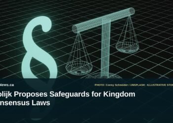 Illustrative stock photo for “Vrolijk Proposes Safeguards for Kingdom Consensus Laws”: Balance scale against a dark background. Photo by Conny Schneider via Unsplash; not a photograph of the specific event. Headline and ArubaNews.ca branding appear in a lower-third news tile.