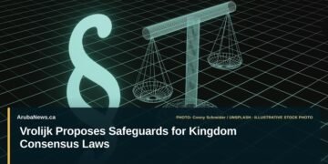 Illustrative stock photo for “Vrolijk Proposes Safeguards for Kingdom Consensus Laws”: Balance scale against a dark background. Photo by Conny Schneider via Unsplash; not a photograph of the specific event. Headline and ArubaNews.ca branding appear in a lower-third news tile.