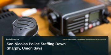 San Nicolas Police Staffing Down Sharply, Union Says Illustrative stock photo for “San Nicolas Police Staffing Down Sharply, Union Says”: Close-up of a corded radio microphone. Photo by Petr Sidorov via Unsplash; not a photograph of the specific event. Headline and ArubaNews.ca branding appear in a lower-third news tile.