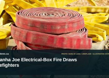Illustrative stock photo for “Piranha Joe Electrical-Box Fire Draws Firefighters”: Fire hoses arranged for firefighting use. Photo by Dottie Di Liddo via Unsplash; not a photograph of the specific event. Headline and ArubaNews.ca branding appear in a lower-third news tile.