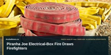 Piranha Joe Electrical-Box Fire Draws Firefighters Illustrative stock photo for “Piranha Joe Electrical-Box Fire Draws Firefighters”: Fire hoses arranged for firefighting use. Photo by Dottie Di Liddo via Unsplash; not a photograph of the specific event. Headline and ArubaNews.ca branding appear in a lower-third news tile.
