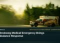 Illustrative stock photo for “Malmokweg Medical Emergency Brings Ambulance Response”: Ambulance traveling on a tree-lined road. Photo by Osmany M Leyva Aldana via Unsplash; not a photograph of the specific event. Headline and ArubaNews.ca branding appear in a lower-third news tile.