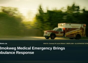 Illustrative stock photo for “Malmokweg Medical Emergency Brings Ambulance Response”: Ambulance traveling on a tree-lined road. Photo by Osmany M Leyva Aldana via Unsplash; not a photograph of the specific event. Headline and ArubaNews.ca branding appear in a lower-third news tile.