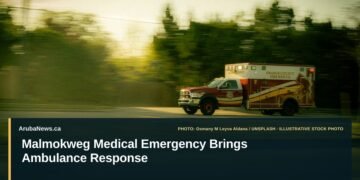 Illustrative stock photo for “Malmokweg Medical Emergency Brings Ambulance Response”: Ambulance traveling on a tree-lined road. Photo by Osmany M Leyva Aldana via Unsplash; not a photograph of the specific event. Headline and ArubaNews.ca branding appear in a lower-third news tile.