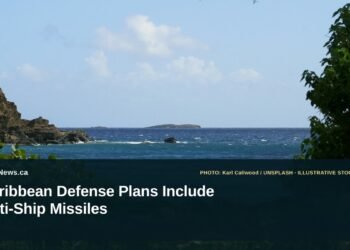 Illustrative stock photo for “Caribbean Defense Plans Include Anti-Ship Missiles”: Caribbean coastal water and rocky shoreline. Photo by Karl Callwood via Unsplash; not a photograph of the specific event. Headline and ArubaNews.ca branding appear in a lower-third news tile.