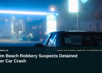 Illustrative stock photo for “Palm Beach Robbery Suspects Detained After Car Crash”: Black sedan parked at a petrol station at night. Photo by Patrick Schiele via Unsplash; not a photograph of the specific event. Headline and ArubaNews.ca branding appear in a lower-third news tile.