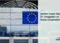 Illustrative stock photograph for “Gerlien Croes Meets EU Delegation on Aruba Cooperation”: European Union flag on building; illustrative cooperation stock, not the delegation. Photograph by Natalie Dunn via Unsplash. This is not a photograph of the specific Aruba news event.
