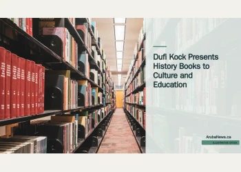 Illustrative stock photograph for “Dufi Kock Presents History Books to Culture and Education”: a long row of books in a library Photograph by Zetong Li via Unsplash. This is not a photograph of the specific Aruba news event.