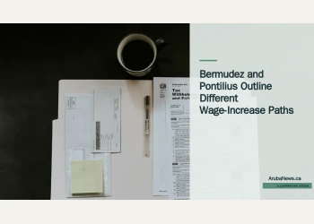 Illustrative stock photograph for “Bermudez and Pontilius Outline Different Wage-Increase Paths”: Tax forms, a pen, and a coffee mug on a dark desk Photograph by Kelly Sikkema via Unsplash. This is not a photograph of the specific Aruba news event.