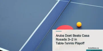 Aruba Doet Beats Casa Rosada 3–2 in Table-Tennis Playoff Illustrative stock photograph for “Aruba Doet Beats Casa Rosada 3–2 in Table-Tennis Playoff”: two ping pong paddles and a ping pong ball on a blue table Photograph by Inkiipow via Unsplash. This is not a photograph of the specific Aruba news event.