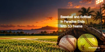 Baseball and Softball in Paradise Ends With 53 Teams Editorial illustration for Baseball and Softball in Paradise Ends With 53 Teams: Baseball and softball gear on a lit field; no identifiable players or invented standings. ArubaNews.ca branding.