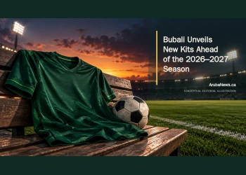 Conceptual editorial illustration of a blank dark-green football shirt and ball on a sideline bench; not a photograph or reproduction of Bubali’s new kit.