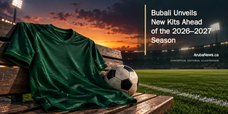 Bubali Unveils New Kits Ahead of the 2026–2027 Season Conceptual editorial illustration of a blank dark-green football shirt and ball on a sideline bench; not a photograph or reproduction of Bubali’s new kit.