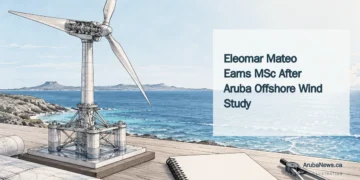 Eleomar Mateo Earns MSc After Aruba Offshore Wind Study Editorial illustration for Eleomar Mateo Earns MSc After Aruba Offshore Wind Study: Wind-turbine engineering model, thesis notebook and sea horizon; no project construction implied. ArubaNews.ca branding.