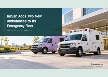 Conceptual editorial illustration of two generic ambulances, one lavender; not a photograph or exact reproduction of ImSan’s new vehicles.