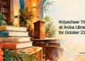 Editorial illustration for Knipscheer Tribute at Aruba Library Set for October 21: Watercolour library tribute still life with books, lectern and Caribbean foliage. ArubaNews.ca branding.