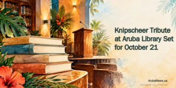 Editorial illustration for Knipscheer Tribute at Aruba Library Set for October 21: Watercolour library tribute still life with books, lectern and Caribbean foliage. ArubaNews.ca branding.