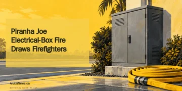 Editorial illustration for Piranha Joe Electrical-Box Fire Draws Firefighters: Closed generic utility cabinet and coiled fire hose; no flames or identifiable business exterior. ArubaNews.ca branding.