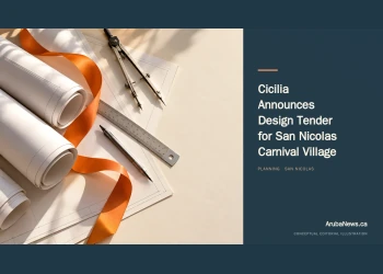 Conceptual editorial illustration of blank architectural plans and drafting tools with an orange ribbon; not a rendering of the final Carnival Village design.