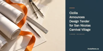 Cicilia Announces Design Tender for San Nicolas Carnival Village Conceptual editorial illustration of blank architectural plans and drafting tools with an orange ribbon; not a rendering of the final Carnival Village design.