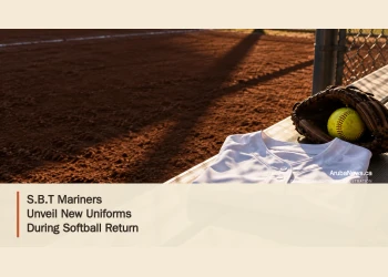 Conceptual editorial illustration of an unbranded softball jersey, glove and ball on a dugout bench; not a photograph of the S.B.T Mariners.