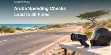Conceptual editorial illustration of a roadside speed-monitoring device beside a sunlit Aruba road; not a photograph of the reported police operation.