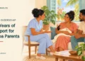 Conceptual editorial illustration of a nurse offering guidance to parents holding a baby in a bright Caribbean home; not a photograph of program participants.
