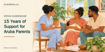 Conceptual editorial illustration of a nurse offering guidance to parents holding a baby in a bright Caribbean home; not a photograph of program participants.