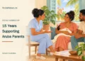 Stevig Ouderschap Marks 15 Years Supporting Aruba Parents Conceptual editorial illustration of a nurse offering guidance to parents holding a baby in a bright Caribbean home; not a photograph of program participants.