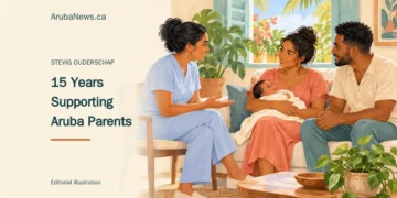 Stevig Ouderschap Marks 15 Years Supporting Aruba Parents Conceptual editorial illustration of a nurse offering guidance to parents holding a baby in a bright Caribbean home; not a photograph of program participants.