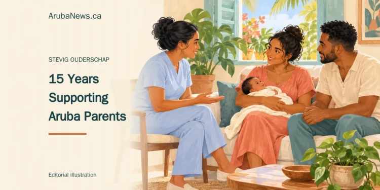 Conceptual editorial illustration of a nurse offering guidance to parents holding a baby in a bright Caribbean home; not a photograph of program participants.