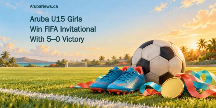 Aruba U15 Girls Win FIFA Invitational With 5–0 Victory Conceptual editorial illustration of a football, boots and unmarked medal on a generic Caribbean pitch; not a photograph of the tournament.