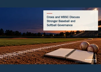 Conceptual editorial illustration of a quiet baseball diamond and open planning notebook with baseballs; not a photograph of the WBSC meeting.