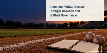Conceptual editorial illustration of a quiet baseball diamond and open planning notebook with baseballs; not a photograph of the WBSC meeting.