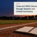 Conceptual editorial illustration of a quiet baseball diamond and open planning notebook with baseballs; not a photograph of the WBSC meeting.