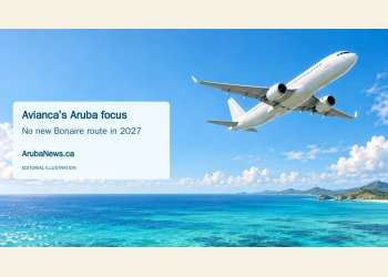 Conceptual editorial illustration of an unbranded passenger aircraft over Caribbean water; not a photograph of an Avianca flight.