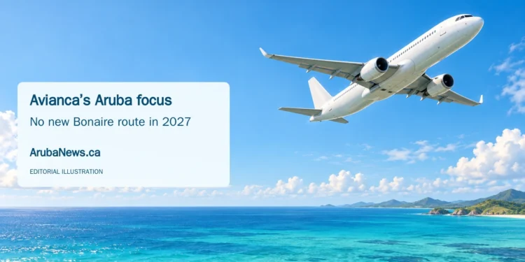 Conceptual editorial illustration of an unbranded passenger aircraft over Caribbean water; not a photograph of an Avianca flight.