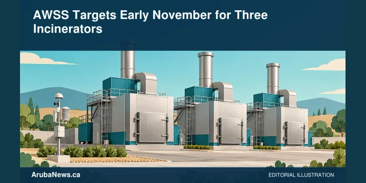 Conceptual editorial illustration of three enclosed incinerator furnaces and an air-quality sensor; not an actual AWSS facility.