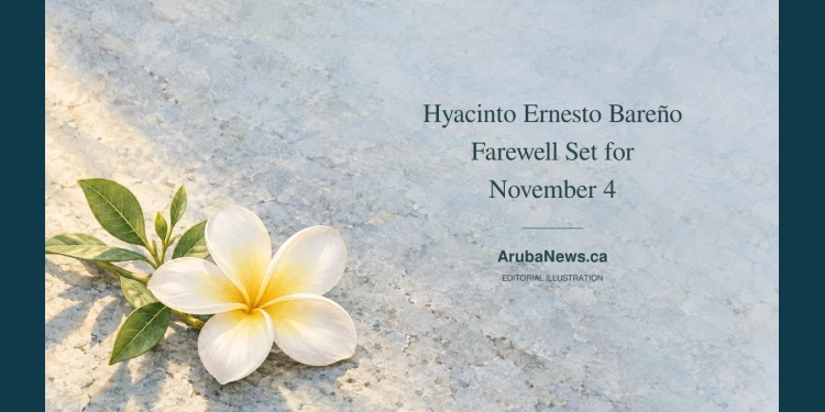 Watercolour editorial illustration of a white frangipani blossom and green leaves on pale blue-grey stone, with the Hyacinto Ernesto Bareño farewell headline and ArubaNews.ca branding.