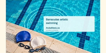 RBC Renews Support for Barracudas Artistic Swimming Club Conceptual editorial illustration; an empty competition swimming pool with concentric ripples and two plain swim caps beside the water, overhead architectural composition, vivid aqua and cobalt, bright natural light. Not a documentary image of the reported event.